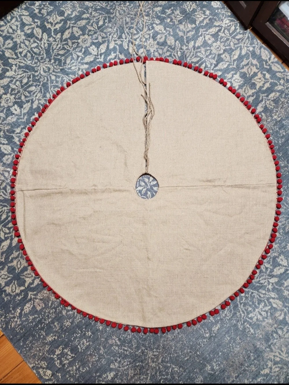 Holiday Stocking Tree Skirt Set Burlap with Red Pom Pom Trim